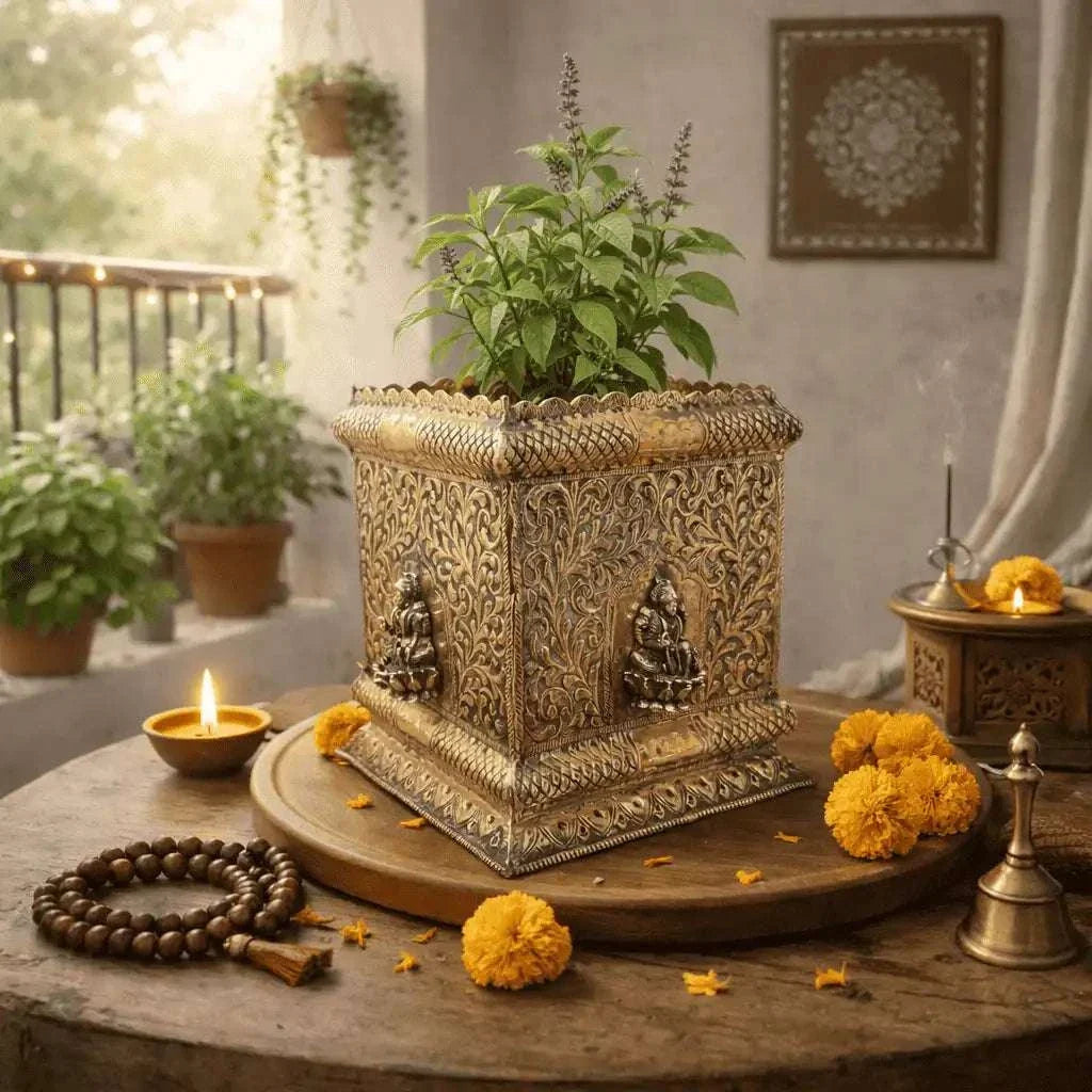 Brass Lakshmi Design Tulsi Planter / Pot Vedansh Craft