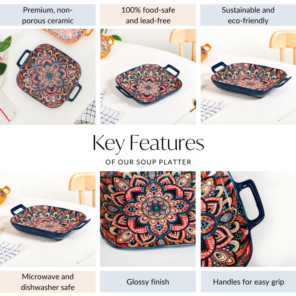 Mandala Melange Ceramic Serving Platter Dish Square Blue Nestasia
