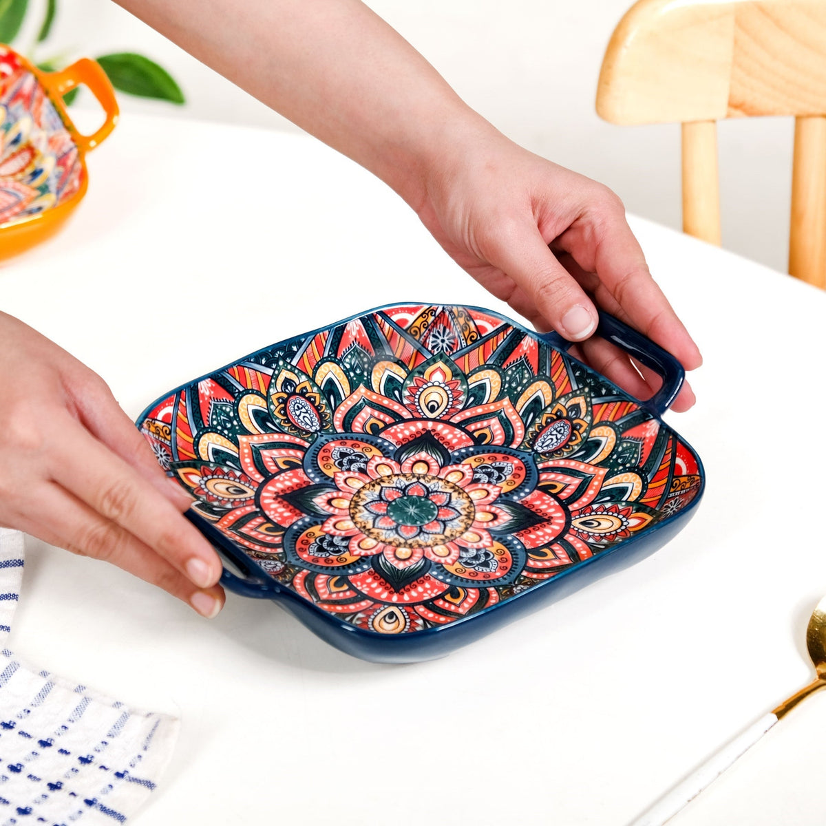 Mandala Melange Ceramic Serving Platter Dish Square Blue Nestasia