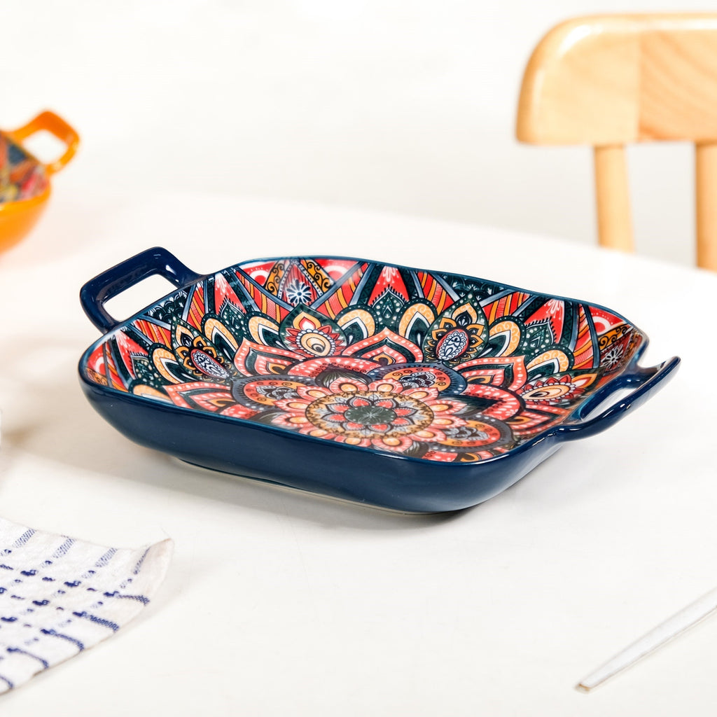 Mandala Melange Ceramic Serving Platter Dish Square Blue Nestasia