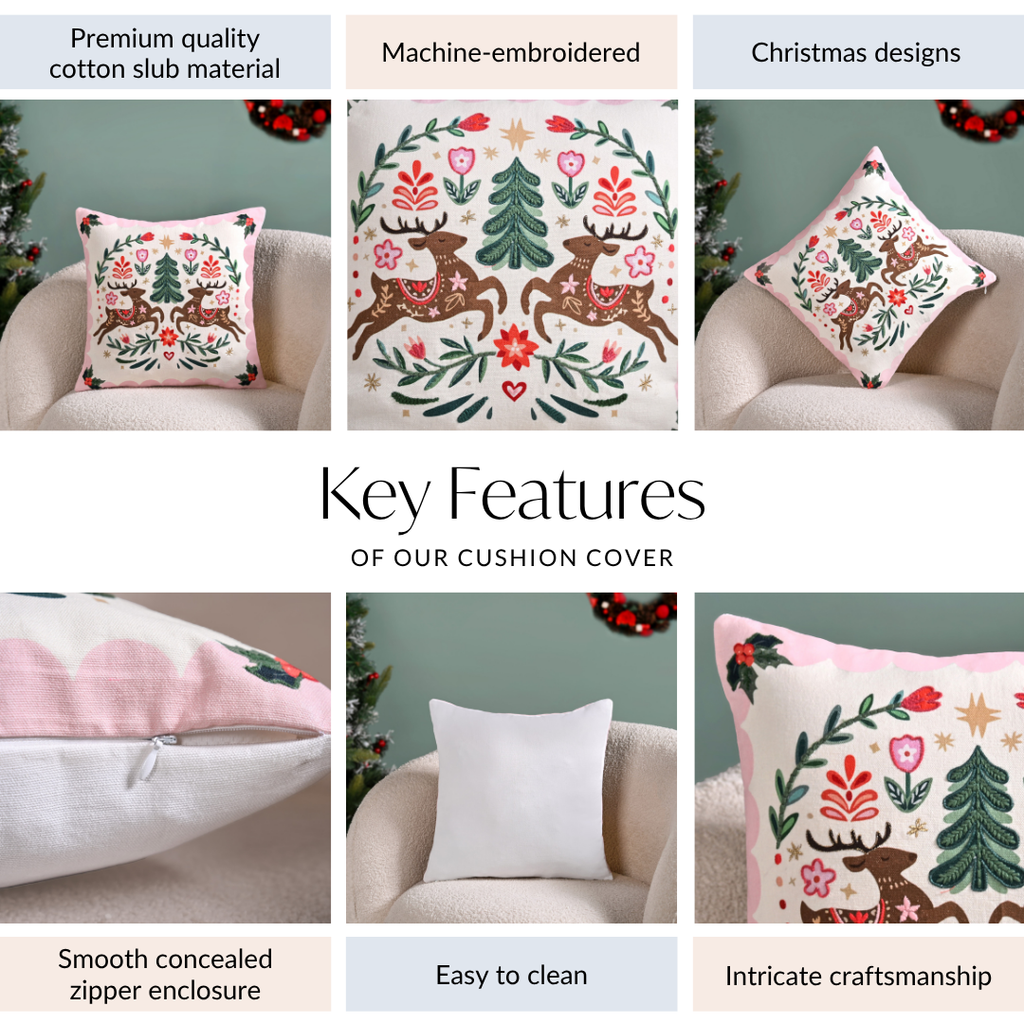 Twin Reindeers Embroidered Cotton Cushion Cover 40x40cm Nestasia