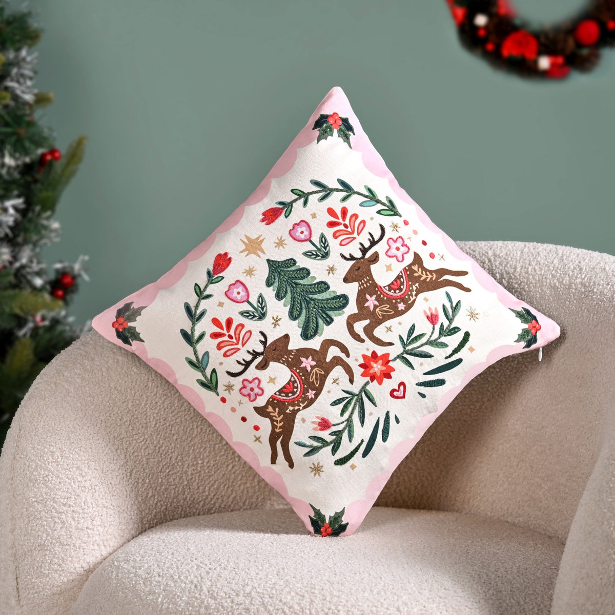 Twin Reindeers Embroidered Cotton Cushion Cover 40x40cm Nestasia