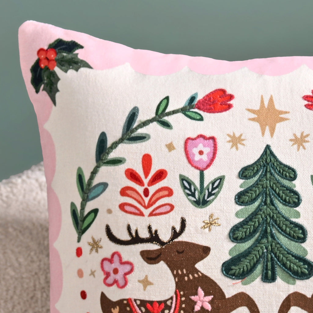 Twin Reindeers Embroidered Cotton Cushion Cover 40x40cm Nestasia
