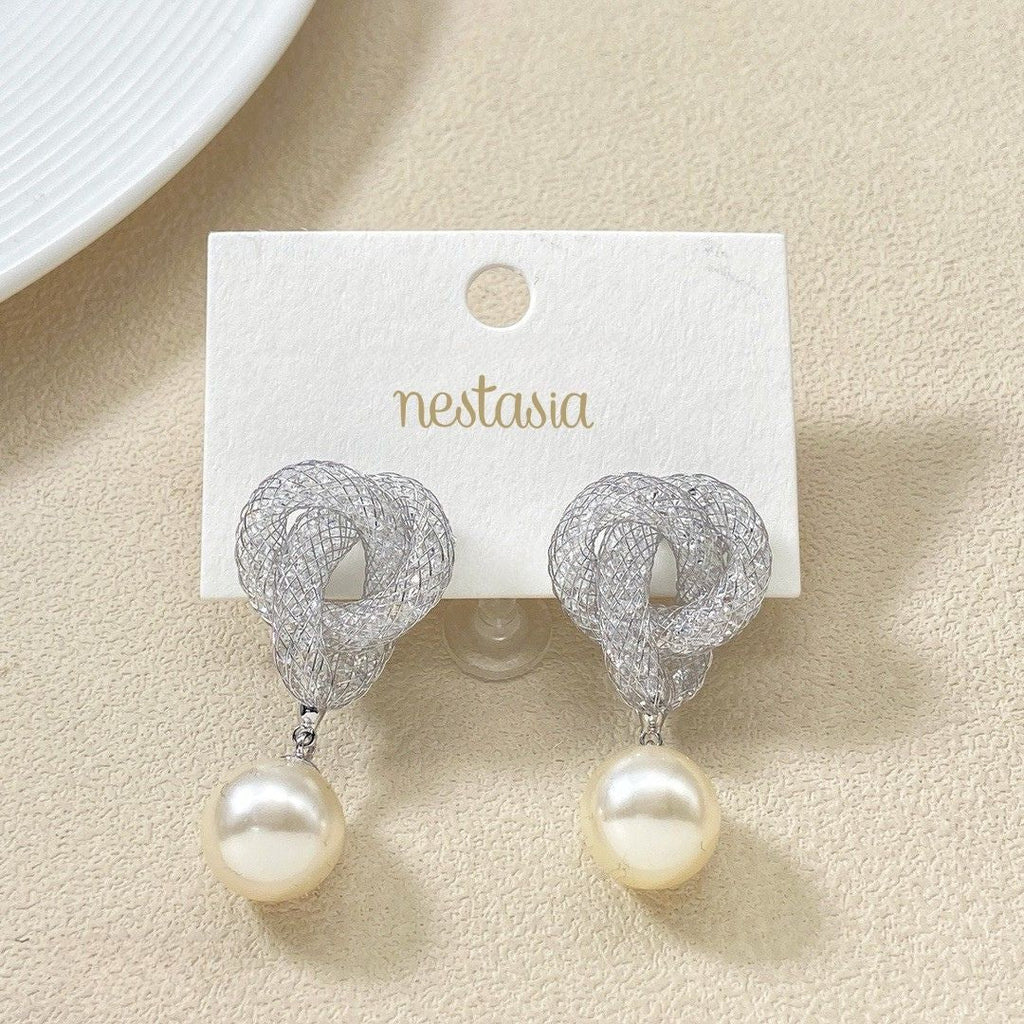 Iridescent Twist And Pearl Drop Earrings Silver Nestasia