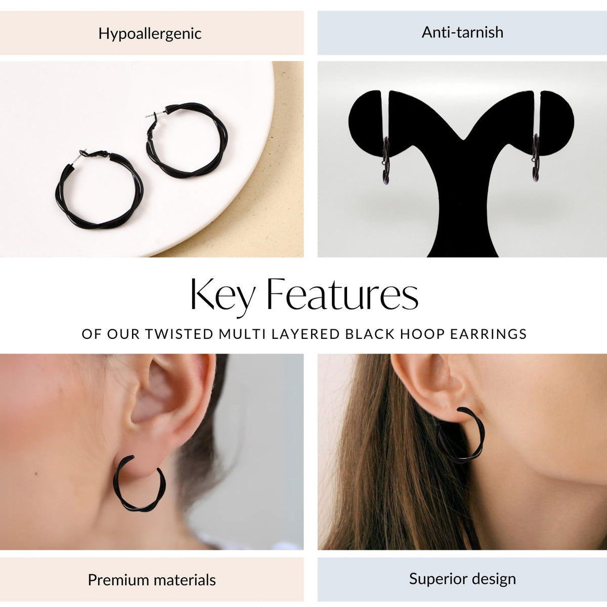 Twisted Multi Layered Black Hoop Earrings Nestasia
