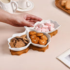 3 Section Leafy Ceramic Plate With Wooden Tray Nestasia
