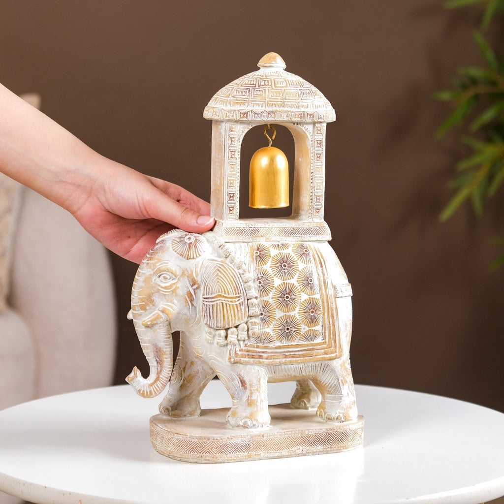 Decorated Elephant With Gold Bell Showpiece White Nestasia