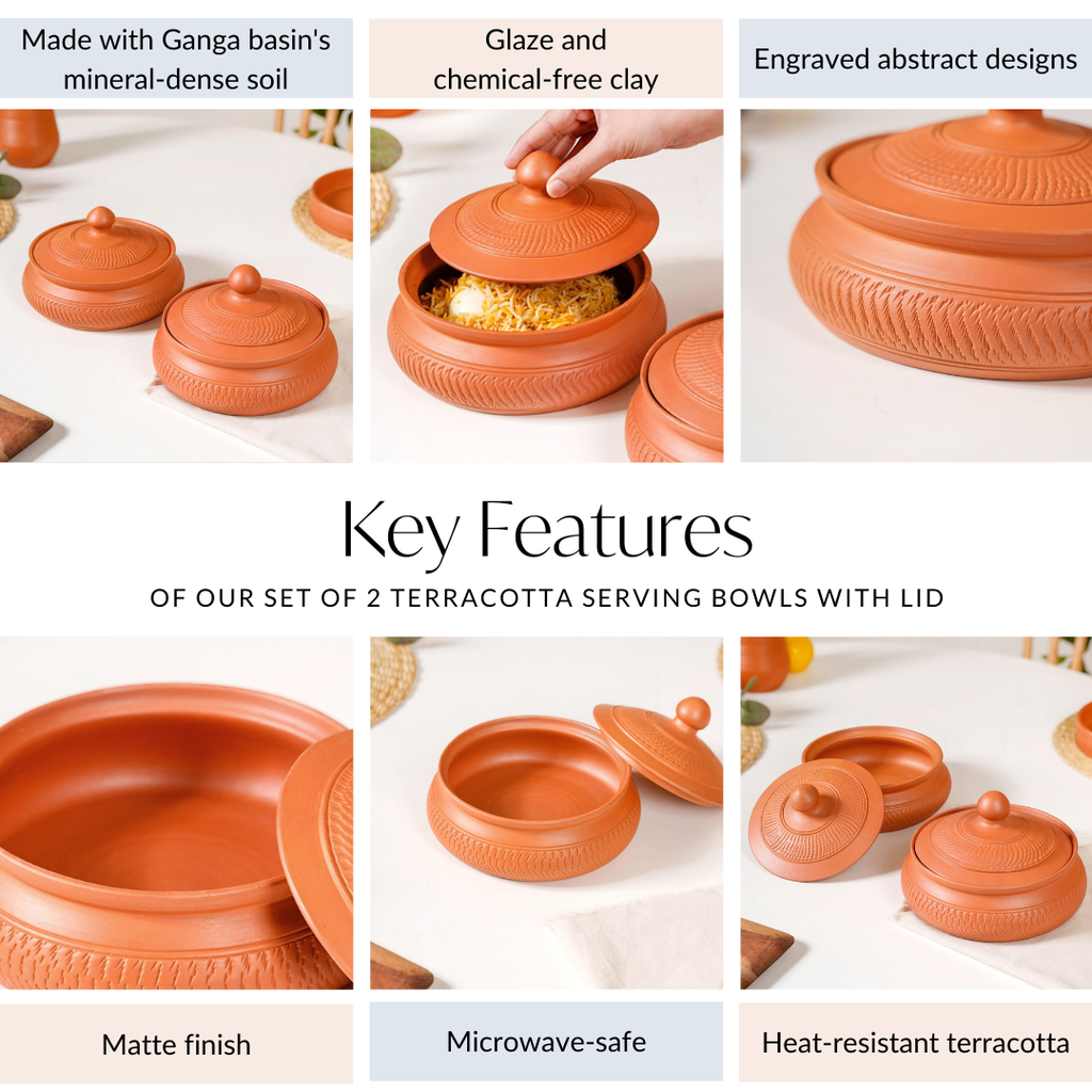 Set Of 2 Engraved Terracotta Serving Bowls With Lid 1400ml Nestasia