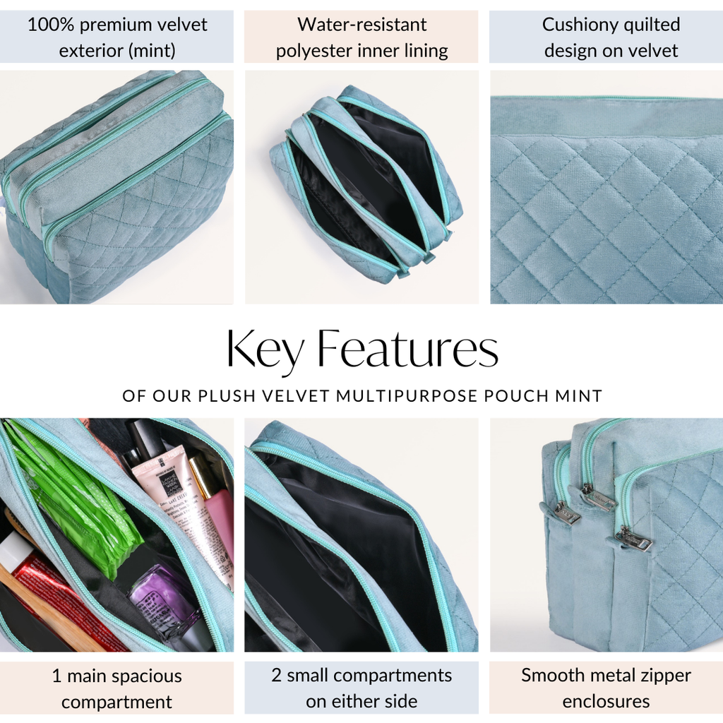 Plush Velvet Multipurpose 3 Section Pouch Mint Nestasia