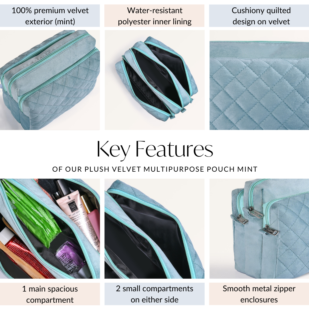 Plush Velvet Multipurpose 3 Section Pouch Mint Nestasia