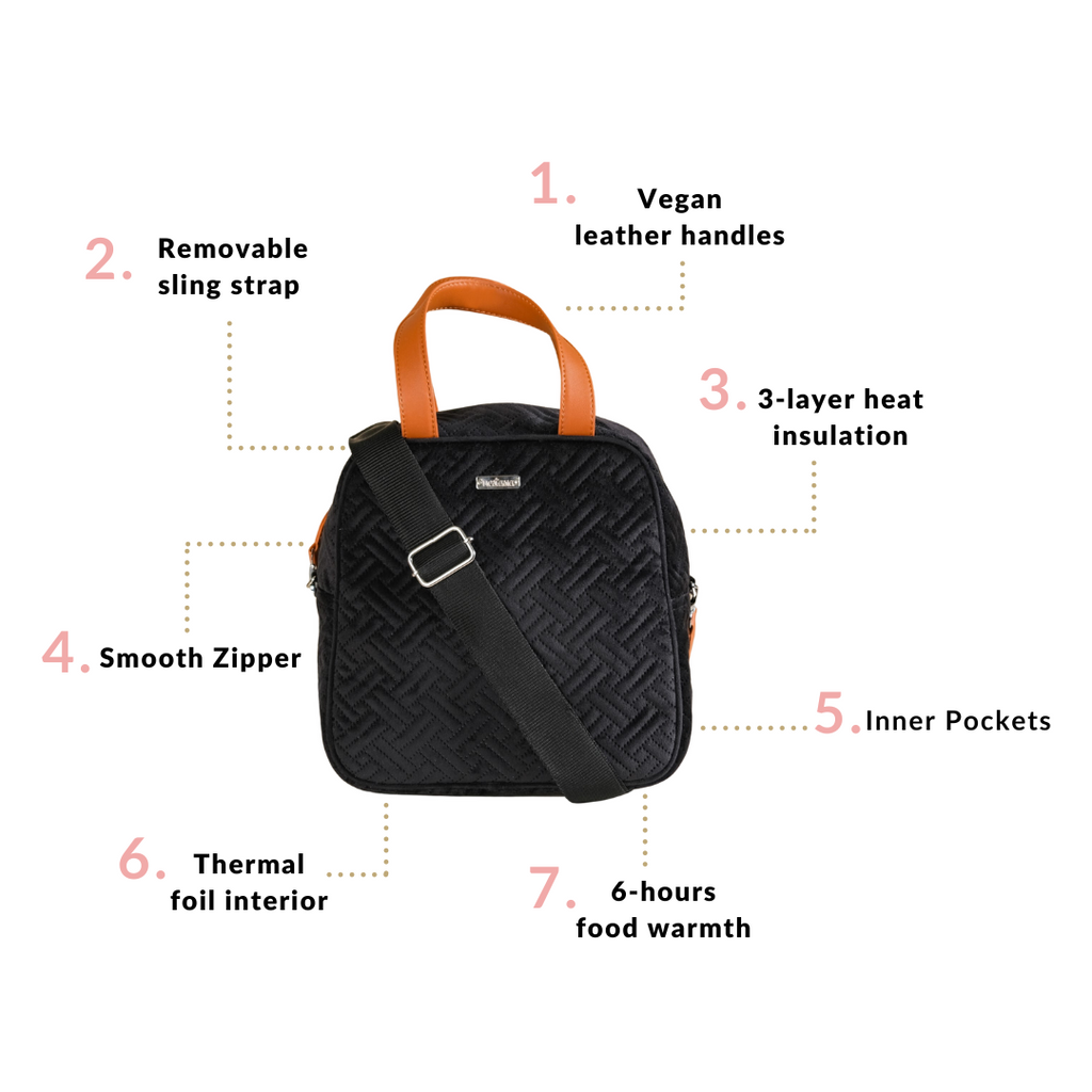 Sling Velvet Thermal Insulated Lunch Bag Black Nestasia