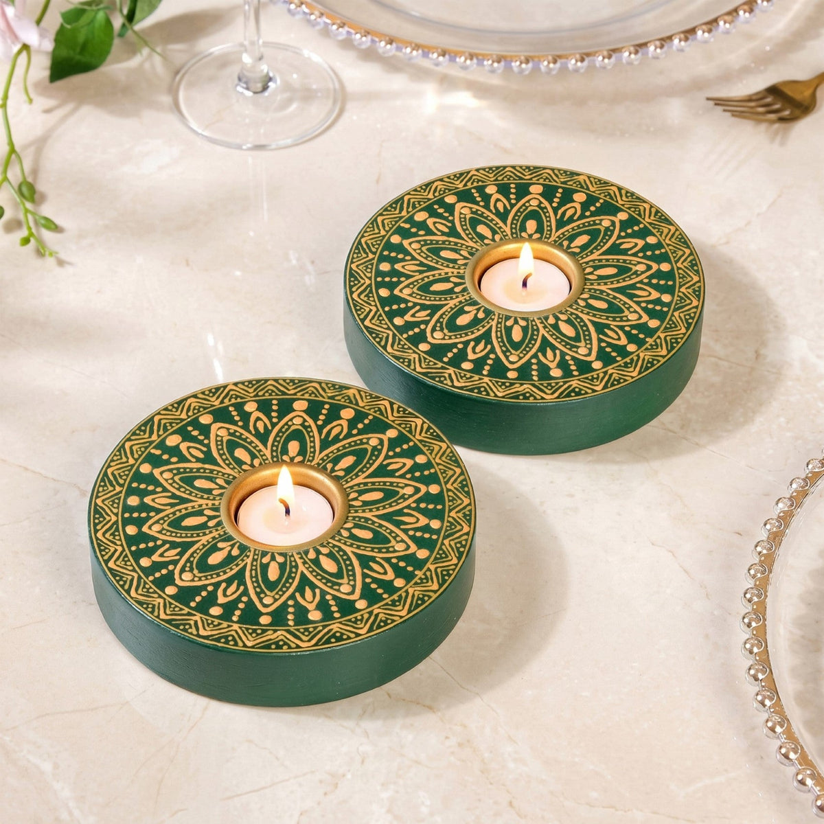 Verdant Mandala Handpainted Tealight Holder Set Of 2 Nestasia