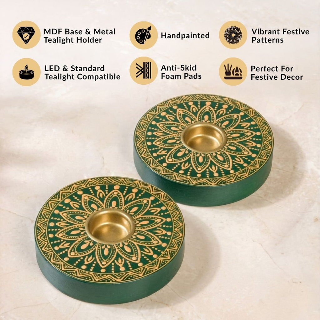 Verdant Mandala Handpainted Tealight Holder Set Of 2 Nestasia