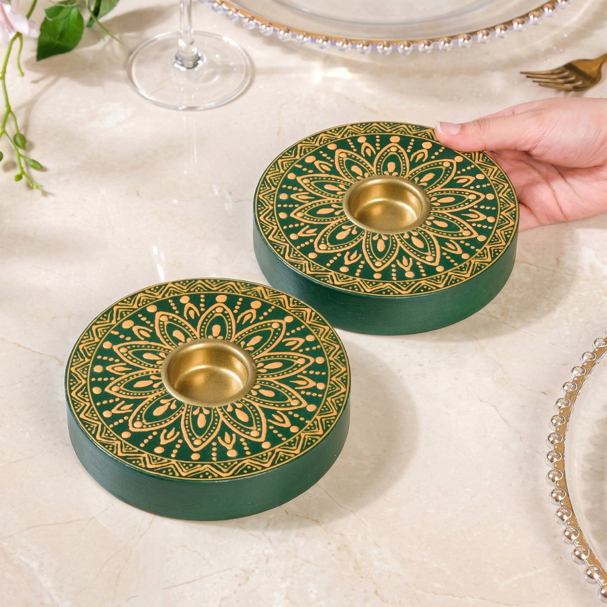 Verdant Mandala Handpainted Tealight Holder Set Of 2 Nestasia