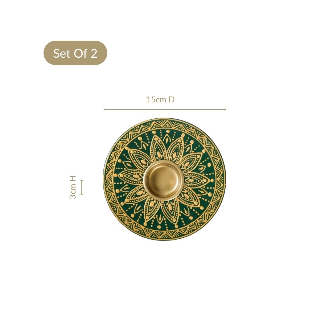 Verdant Mandala Handpainted Tealight Holder Set Of 2 Nestasia