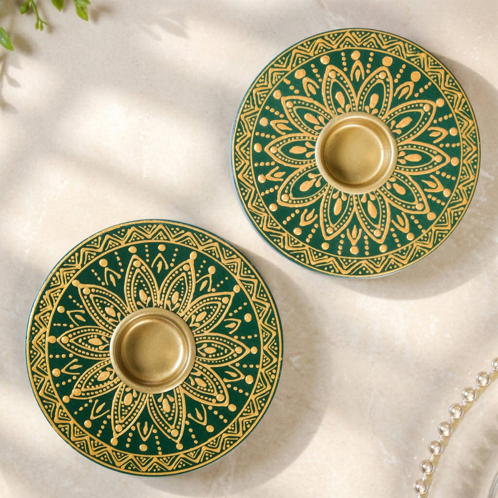 Verdant Mandala Handpainted Tealight Holder Set Of 2 Nestasia