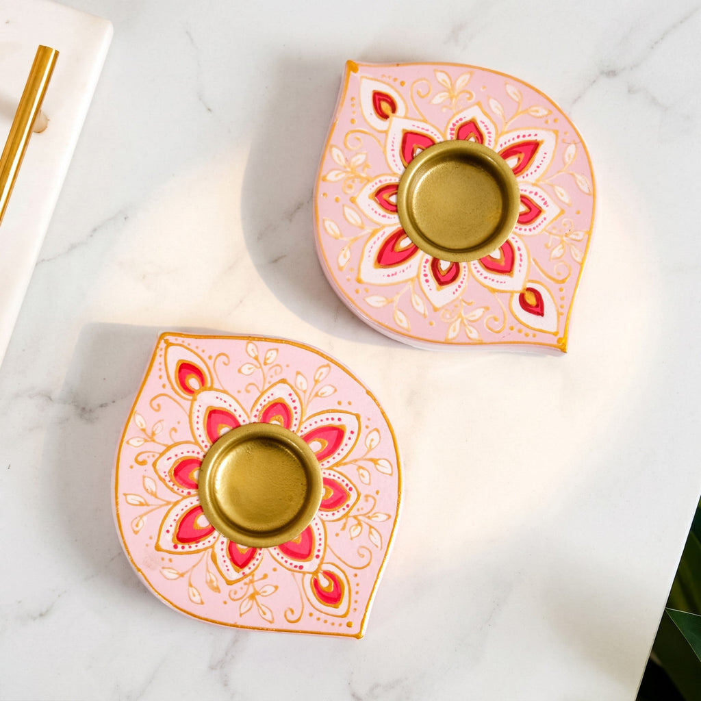 Viana Wooden Handpainted Tealight Holder Set Of 2 Nestasia