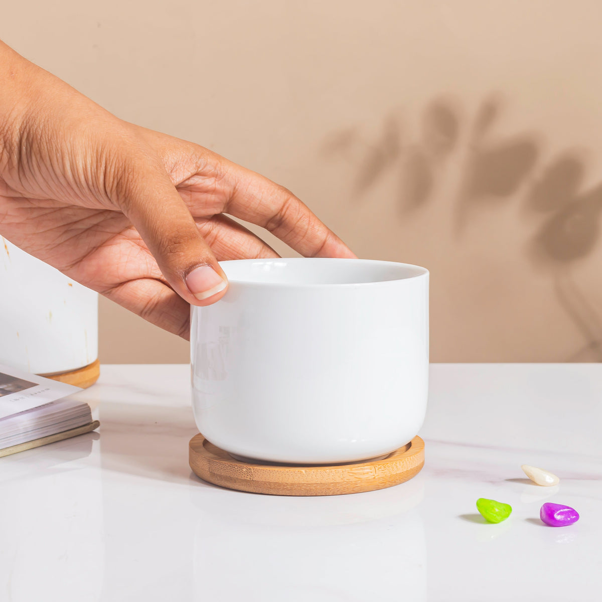 White Mosaic Ceramic Planter And Wooden Coaster Nestasia