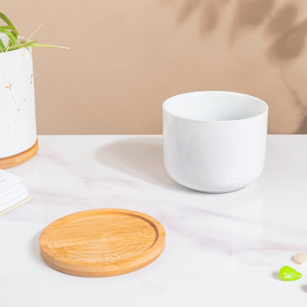 White Mosaic Ceramic Planter And Wooden Coaster Nestasia