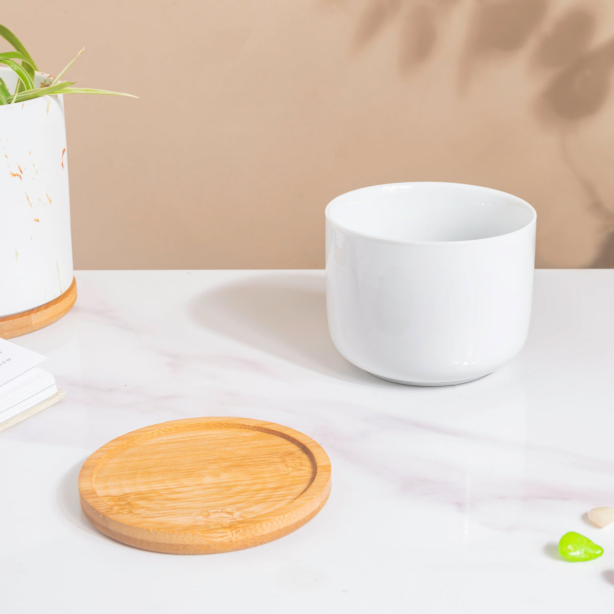 White Mosaic Ceramic Planter And Wooden Coaster Nestasia