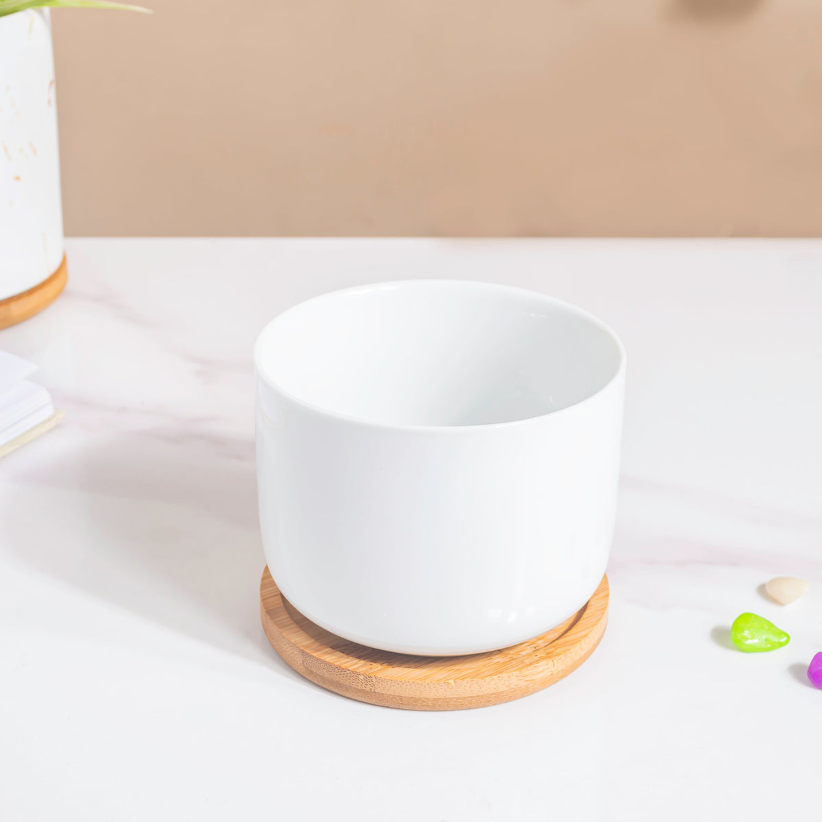 White Mosaic Ceramic Planter And Wooden Coaster Nestasia