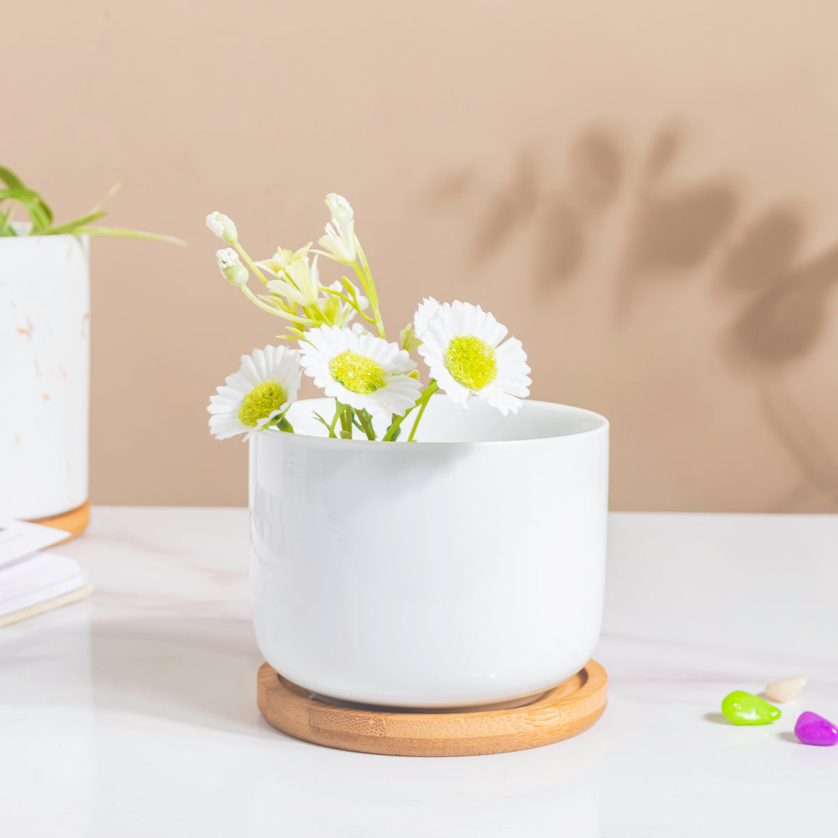 White Mosaic Ceramic Planter And Wooden Coaster Nestasia