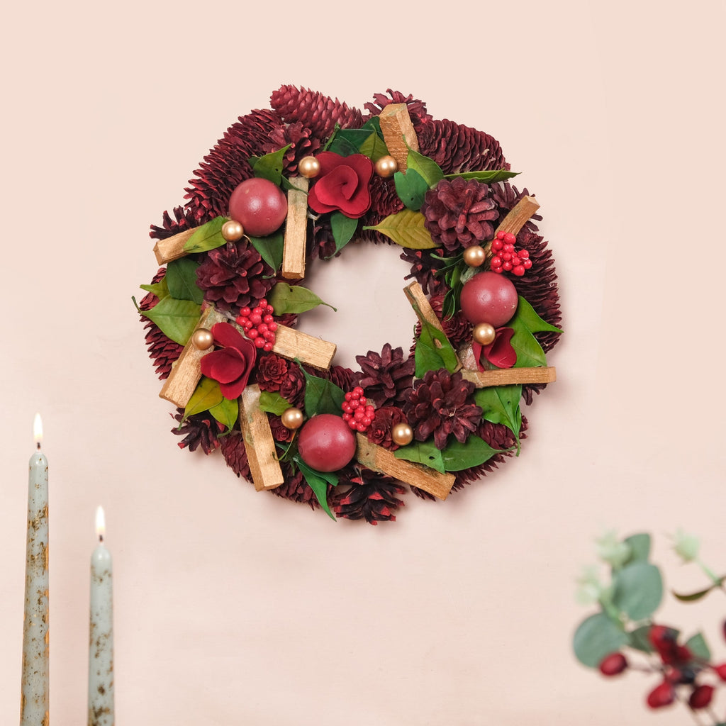 Crimson Pine Cones Ecofriendly Wreath Nestasia