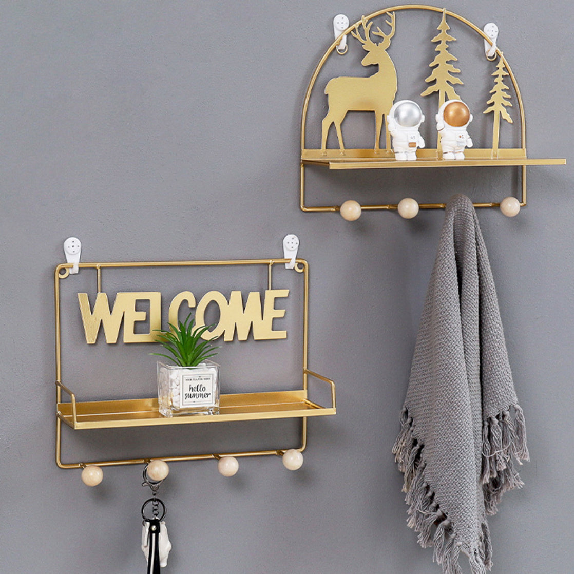 Wall Hanging Metal Shelf Forest Reindeer Gold Nestasia