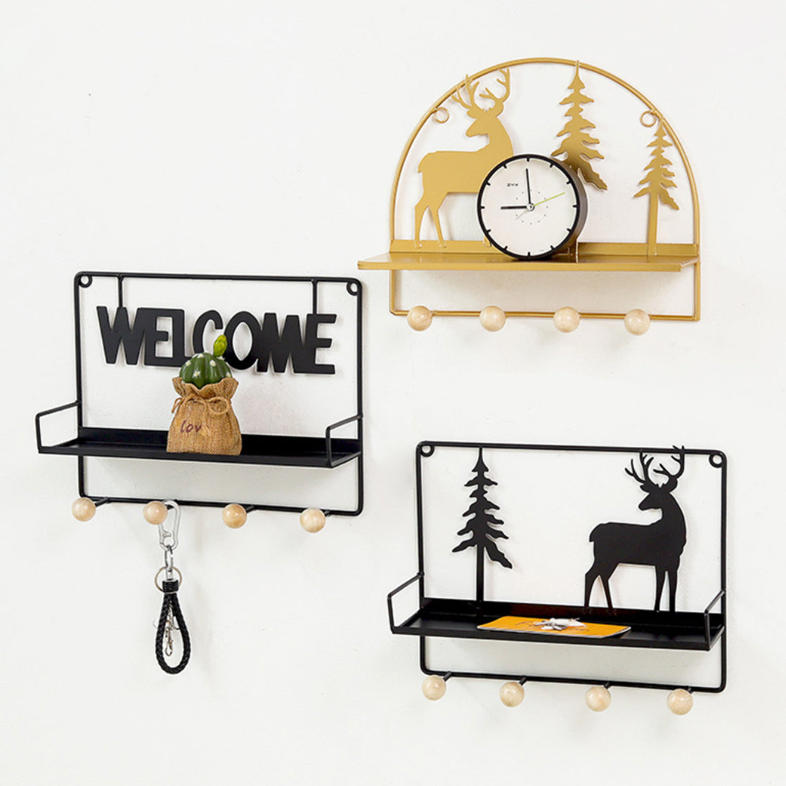 Wall Hanging Metal Shelf Forest Reindeer Gold Nestasia