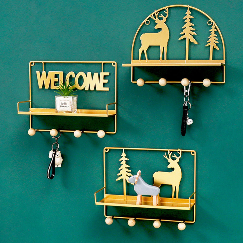 Wall Hanging Metal Shelf Forest Reindeer Gold Nestasia