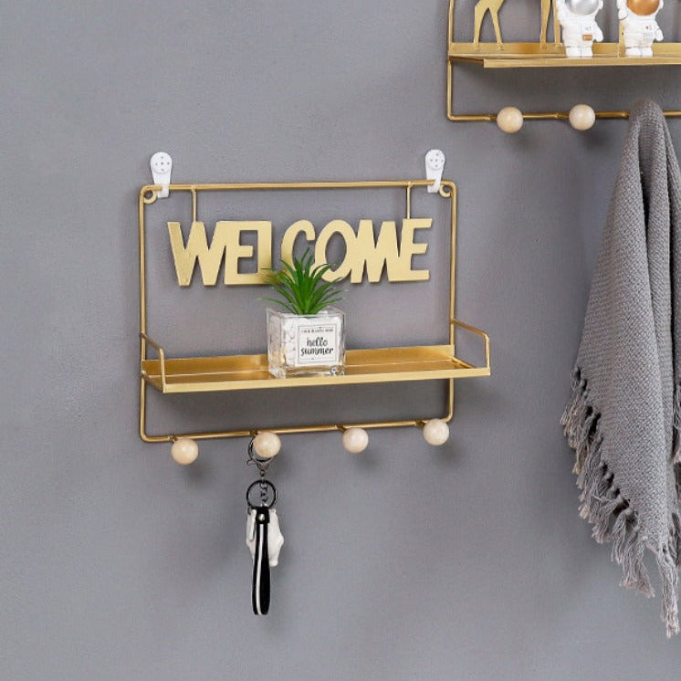 Welcome Wall Hanging Metal Rack Gold Nestasia