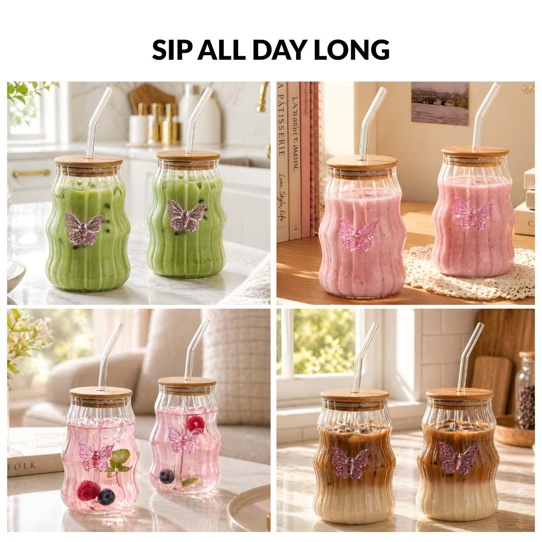 Wavy Butterfly Tumbler With Straw Set Of 2 500ml Nestasia
