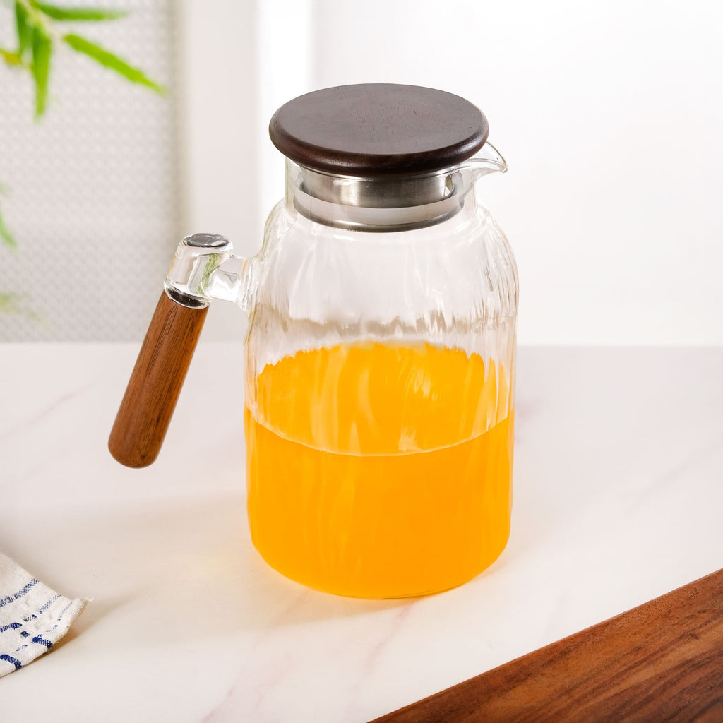 Wavy Glass Pitcher With Wooden Handle 1600ml Nestasia