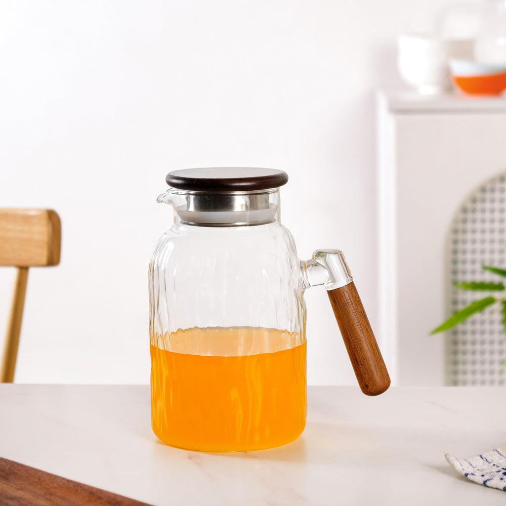 Wavy Glass Pitcher With Wooden Handle 1600ml Nestasia
