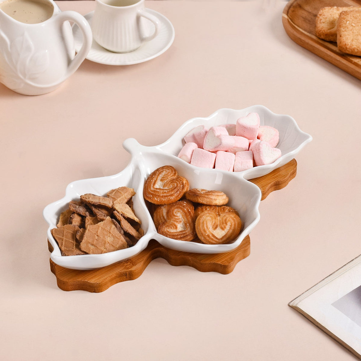 3 Section Leafy Ceramic Plate With Wooden Tray Nestasia