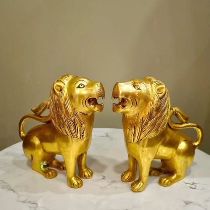 Brass Lion Pair Showpiece | Symbol of Strength & Protection | Handcrafted Brass Lion Figurines (Yellow, 6 Inch)