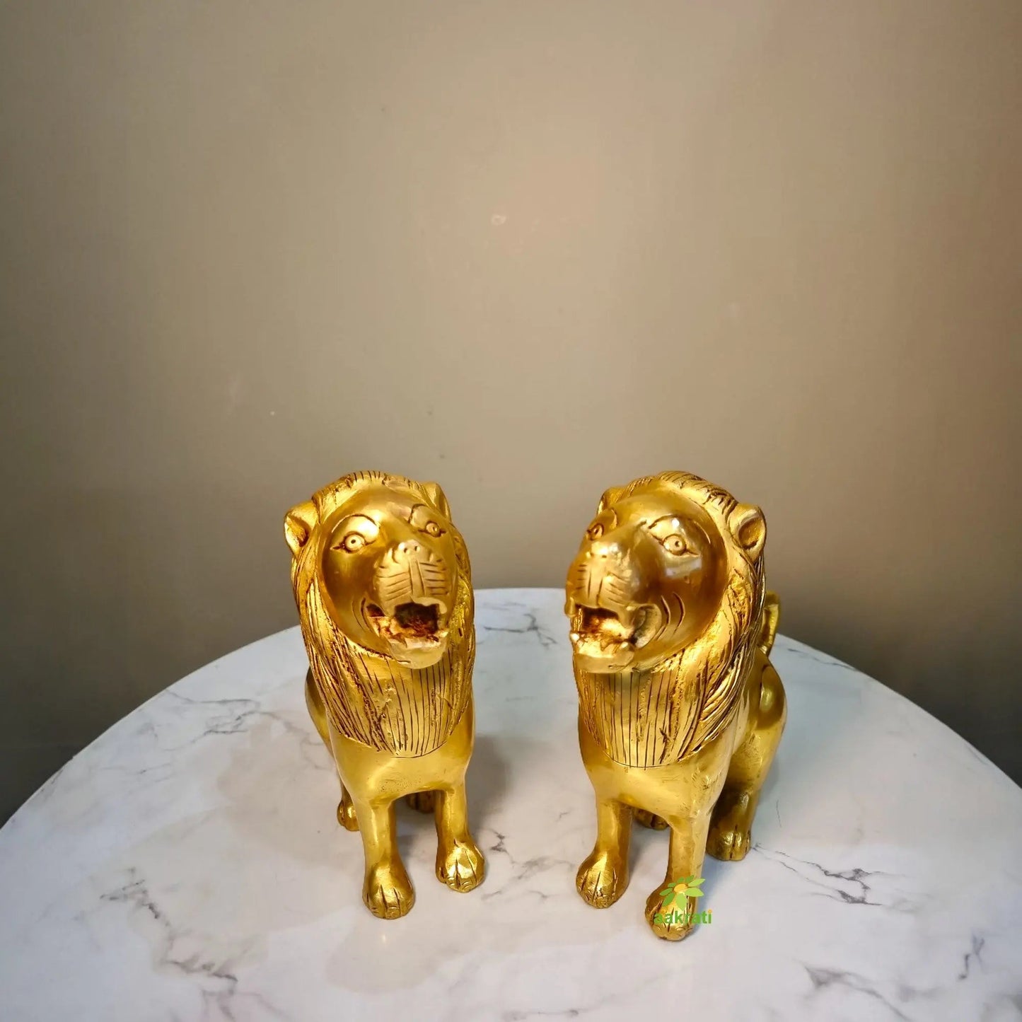 Brass Lion Pair Showpiece | Symbol of Strength & Protection | Handcrafted Brass Lion Figurines (Yellow, 6 Inch)