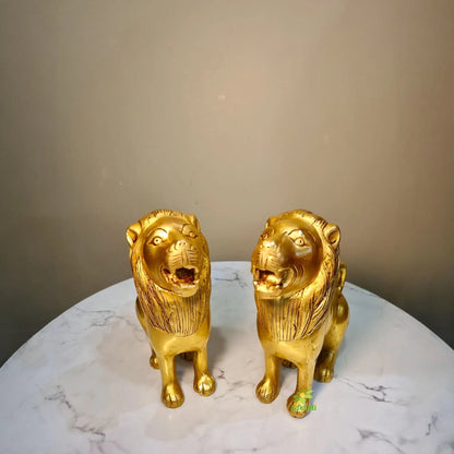 Brass Lion Pair Showpiece | Symbol of Strength & Protection | Handcrafted Brass Lion Figurines (Yellow, 6 Inch)