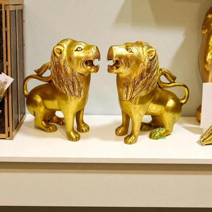 Brass Lion Pair Showpiece | Symbol of Strength & Protection | Handcrafted Brass Lion Figurines (Yellow, 6 Inch)