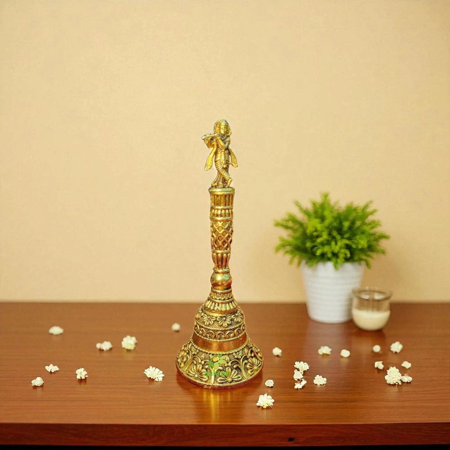 Spiritual Ghanti for Aarti & Rituals |Light Weighted  Brass Hand Ghanti for Pooja | Temple Bell with Clear Sound for Mandir Rituals (Yellow, 5.5 Inch)