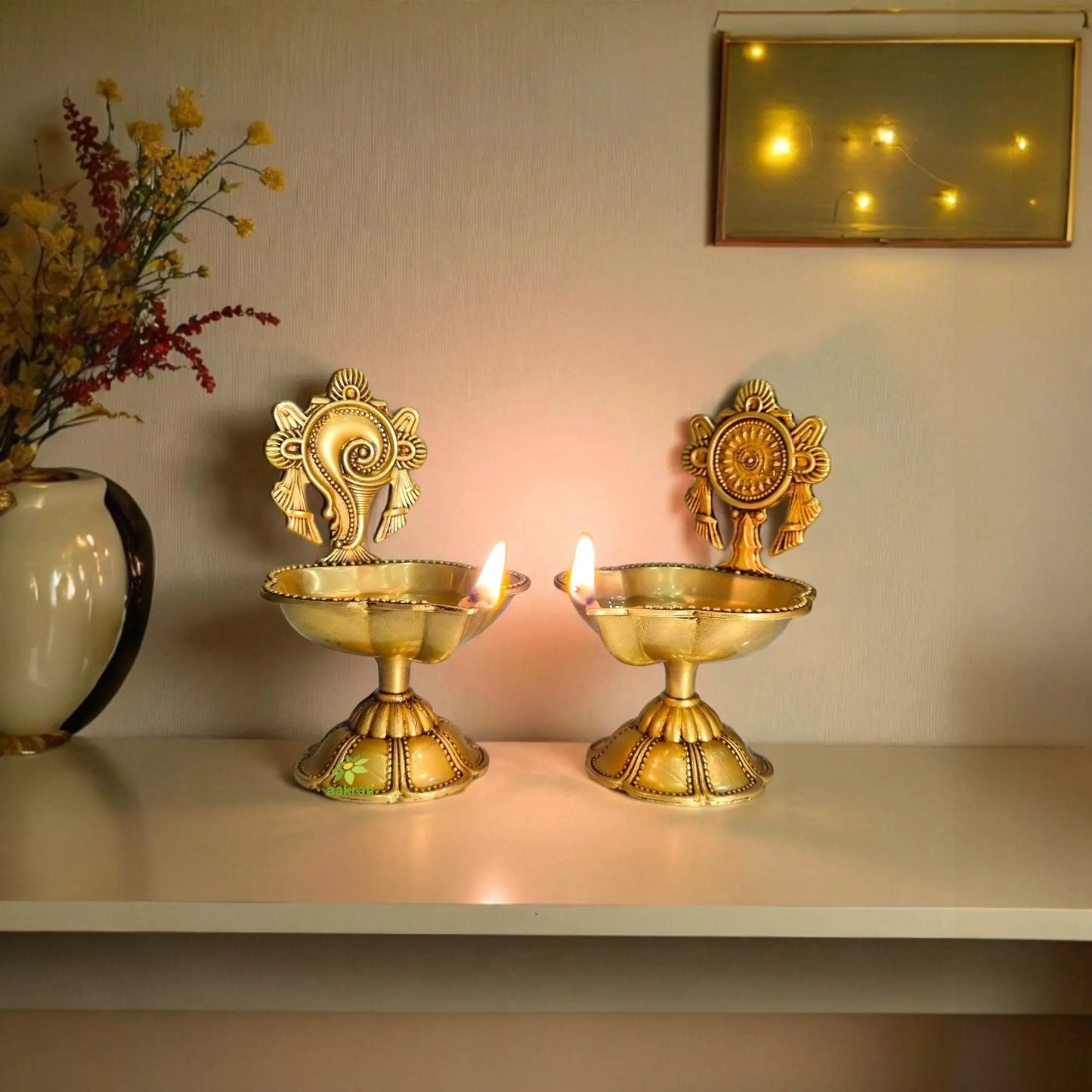 Shankh Chakra Diya Lamp 4.5 inch/ Home Temple Diya/ Handmade metal oil Lamp table top