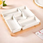 White Ceramic Bowls With Bamboo Tray Set Of 5 Nestasia