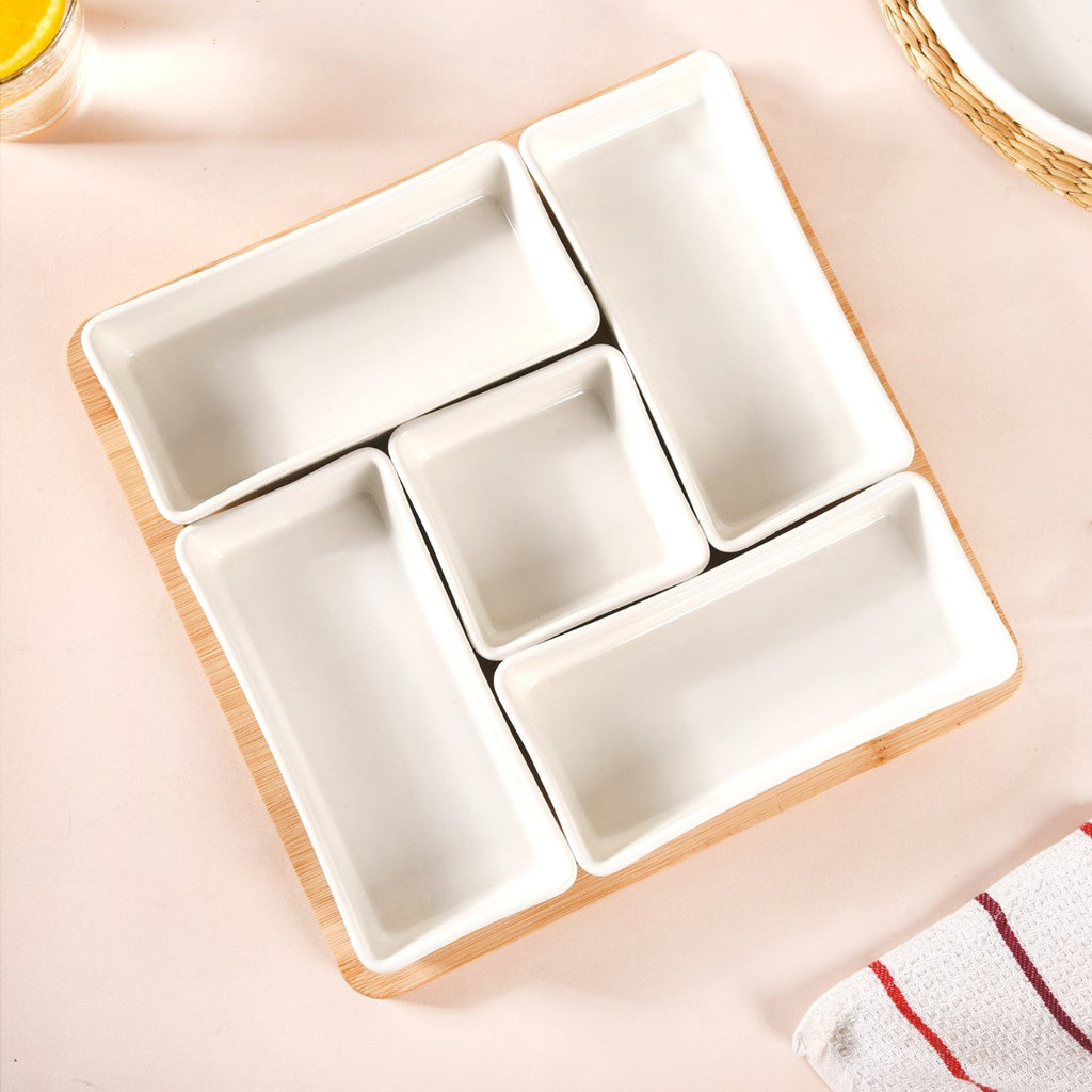 White Ceramic Bowls With Bamboo Tray Set Of 5 Nestasia