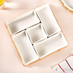White Ceramic Bowls With Bamboo Tray Set Of 5 Nestasia