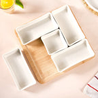 White Ceramic Bowls With Bamboo Tray Set Of 5 Nestasia