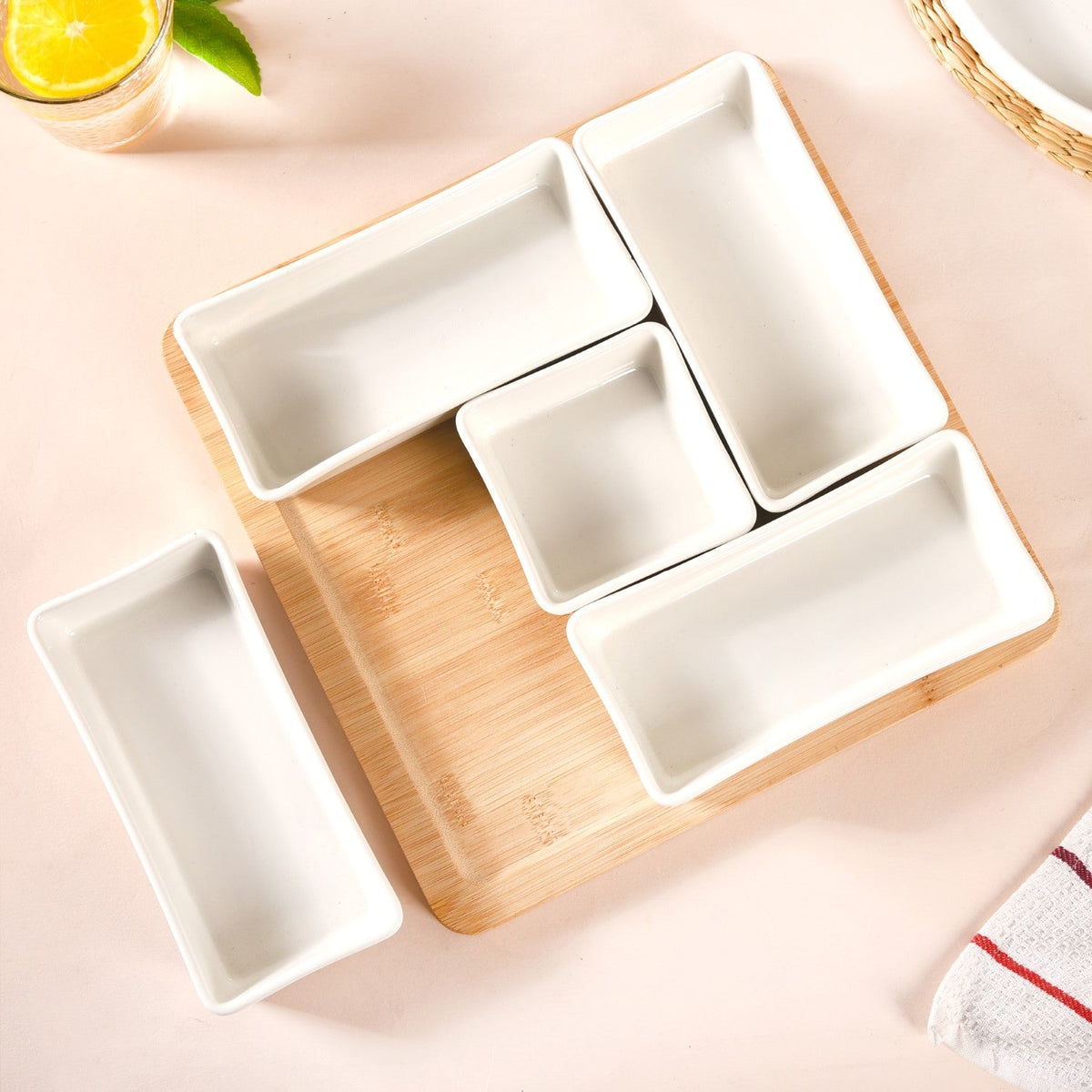 White Ceramic Bowls With Bamboo Tray Set Of 5 Nestasia