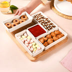 White Ceramic Bowls With Bamboo Tray Set Of 5 Nestasia