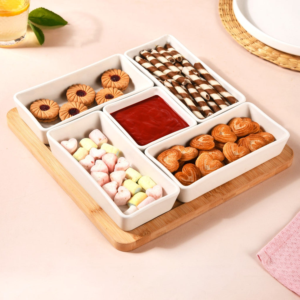 White Ceramic Bowls With Bamboo Tray Set Of 5 Nestasia