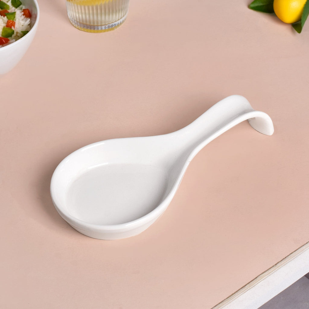 White Ceramic Spoon Holder With Wooden Tray Nestasia
