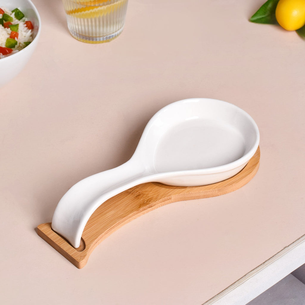 White Ceramic Spoon Holder With Wooden Tray Nestasia